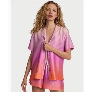 Victorias Secret Ombre Sunset Satin Pajama Set Pink Orange Short Sleeve Medium